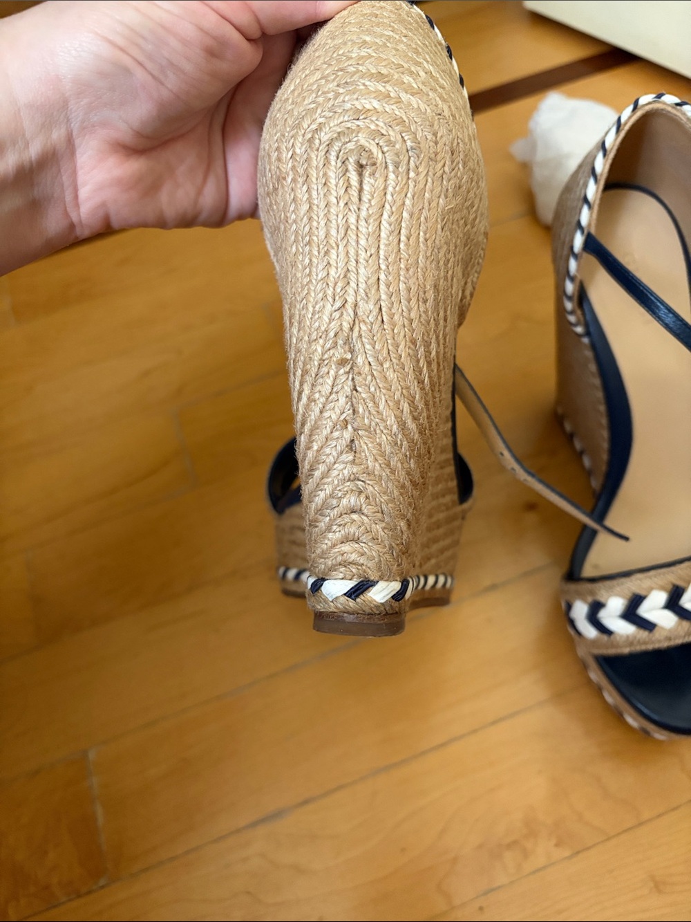 Gucci Navy and Tan Braided Espadrille Wedge Sandals - Picture 3 of 14